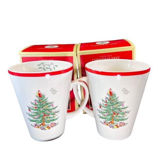 Spode Christmas Tree Red Trim Handle Mug 14 oz Holiday Original Box Lot of 2 NEW - Picture 2 of 13